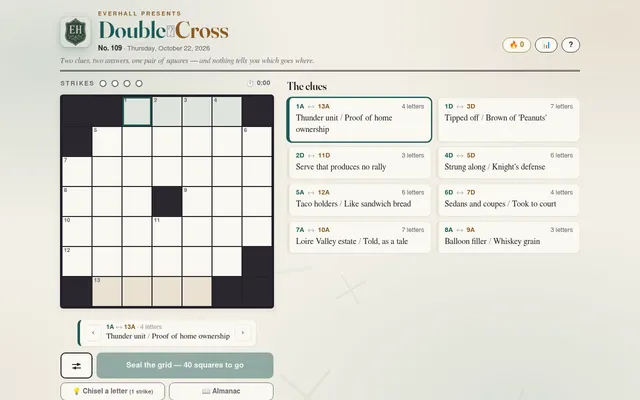 Double Cross No. 109 for 22 October 2026: an empty seven-by-seven grid beside eight clue cards, each pairing two answers such as 1A and 13A