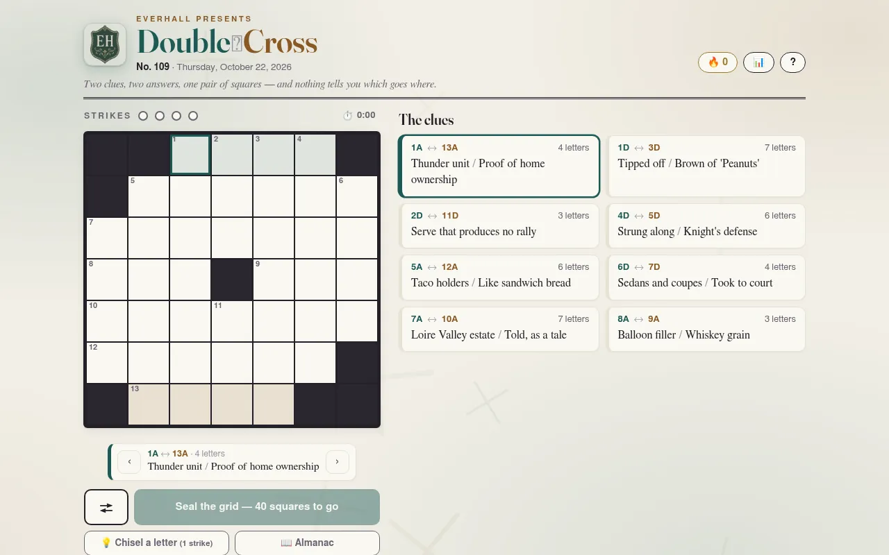 Double Cross No. 109 for 22 October 2026: an empty seven-by-seven grid beside eight clue cards, each pairing two answers such as 1A and 13A