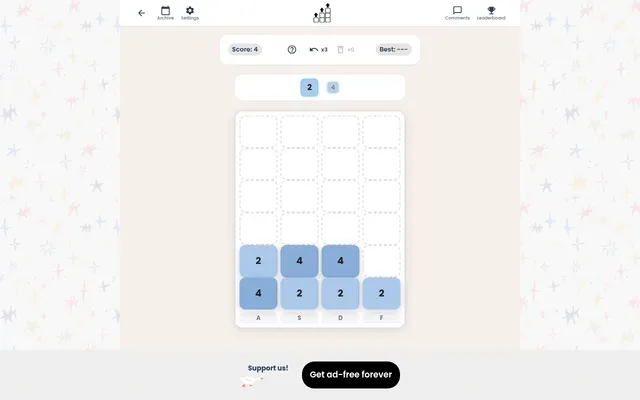 Today's Double Up board on a desktop, a few drops in: blocks of 2 and 4 in four columns over the A, S, D and F keys, score 4, three undos and the next blocks 2 and 4 above