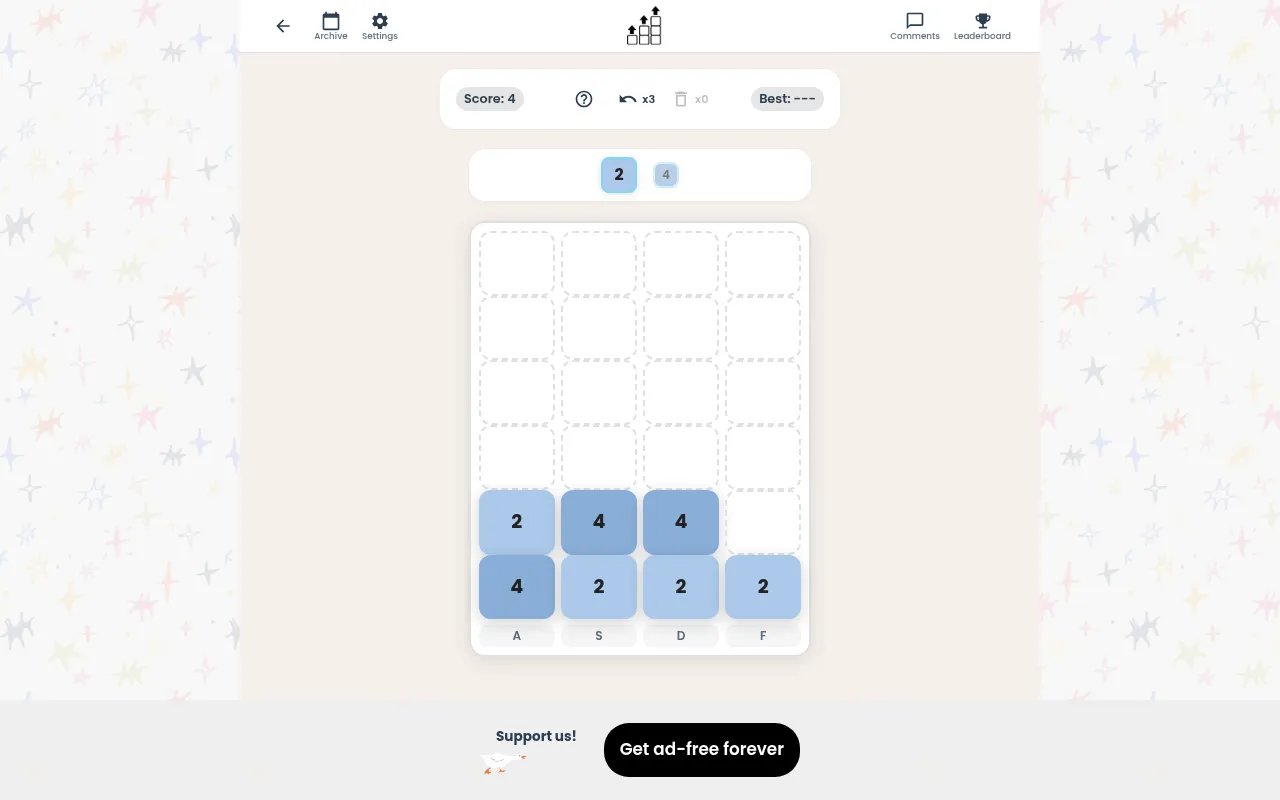 Today's Double Up board on a desktop, a few drops in: blocks of 2 and 4 in four columns over the A, S, D and F keys, score 4, three undos and the next blocks 2 and 4 above
