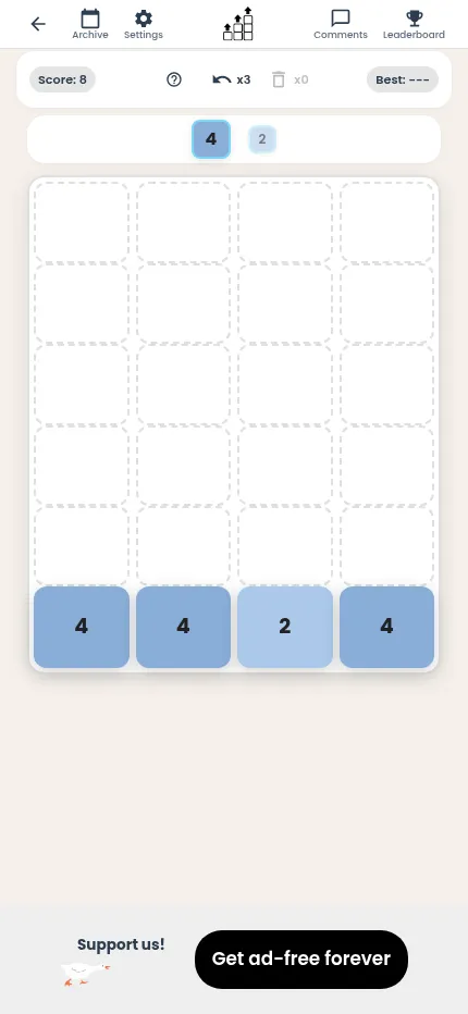 Double Up on a phone: today's board with a row of 4, 4, 2 and 4 blocks along the bottom, score 8 and the next blocks 4 and 2 in the queue