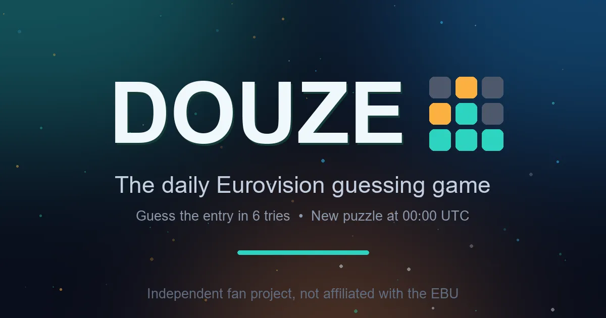 Douze share card: the Douze name beside a grid of green, orange and grey squares, guess the Eurovision entry in 6 tries