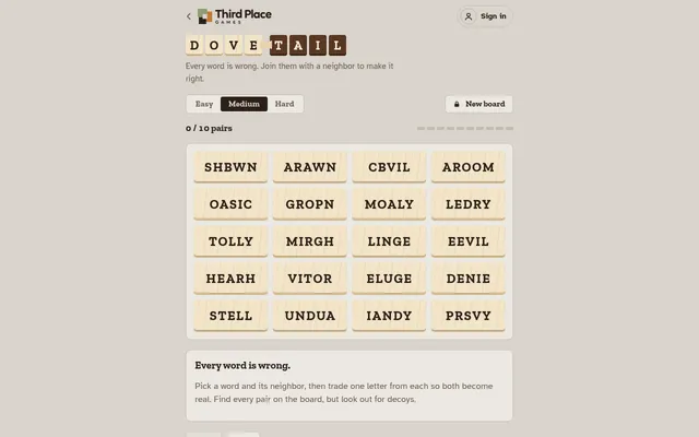 Dovetail's Medium daily board: twenty misspelled five-letter words on wooden tiles in five rows of four, such as SHBWN, AROOM and PRSVY, with 0 of 10 pairs found