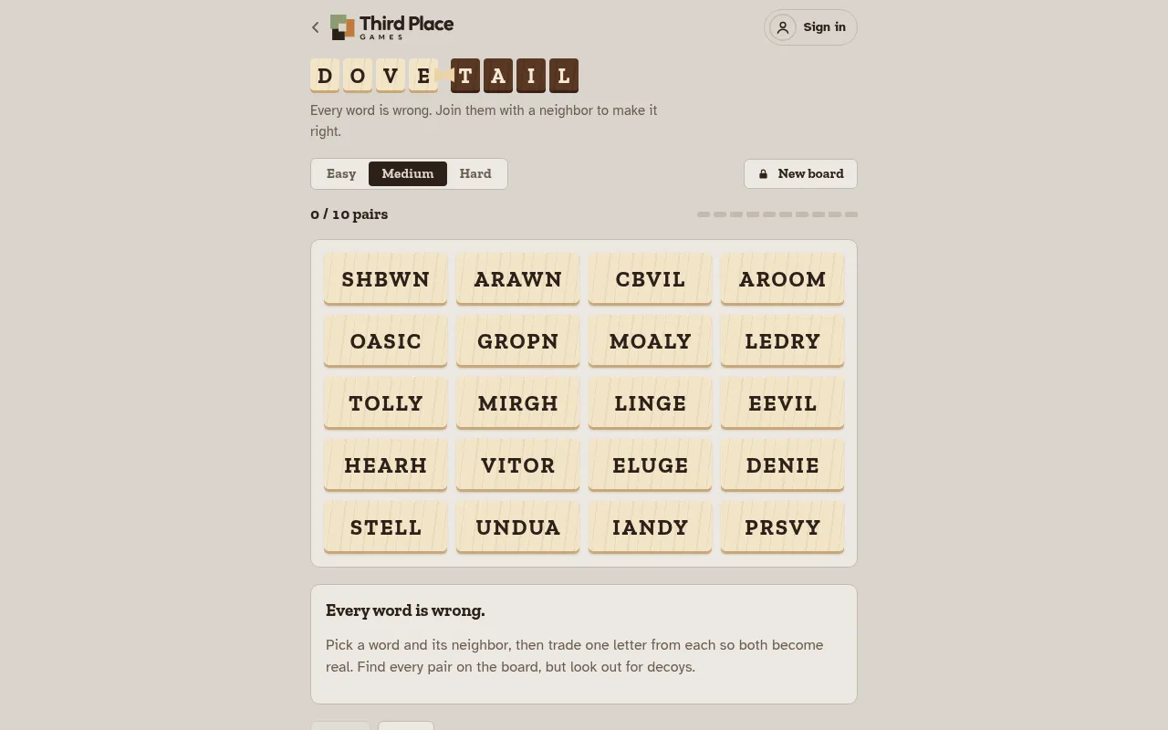 Dovetail's Medium daily board: twenty misspelled five-letter words on wooden tiles in five rows of four, such as SHBWN, AROOM and PRSVY, with 0 of 10 pairs found