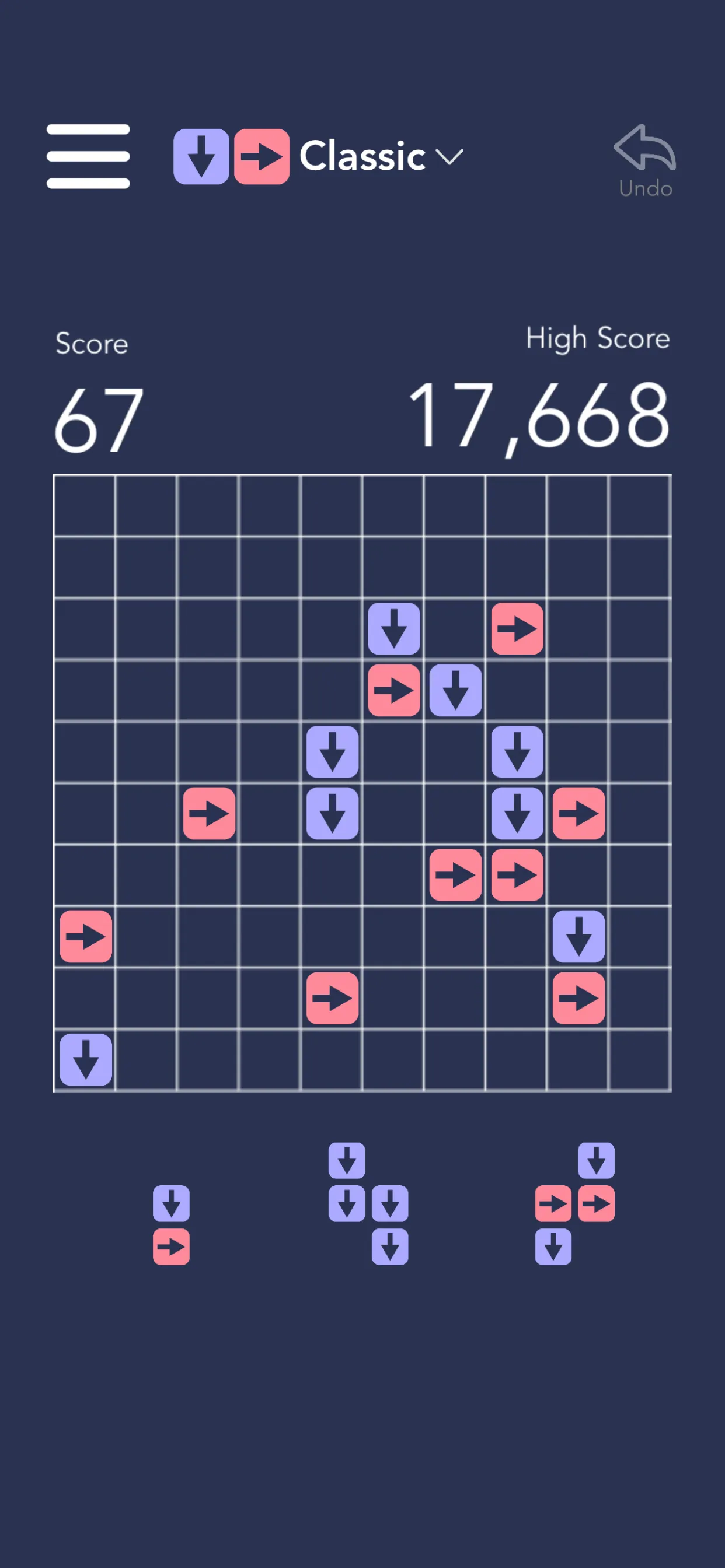 DownRight Classic mode: a 10x10 grid of arrow blocks with score 67, high score 17,668 and an Undo button