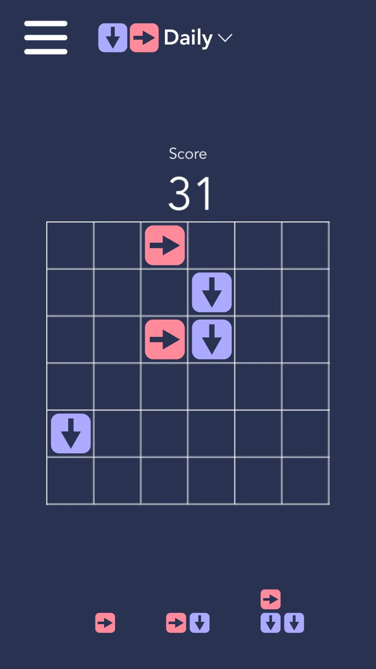 DownRight Daily mode: a 6x6 grid with pink right-arrow and purple down-arrow blocks, score 31 and three pieces to place