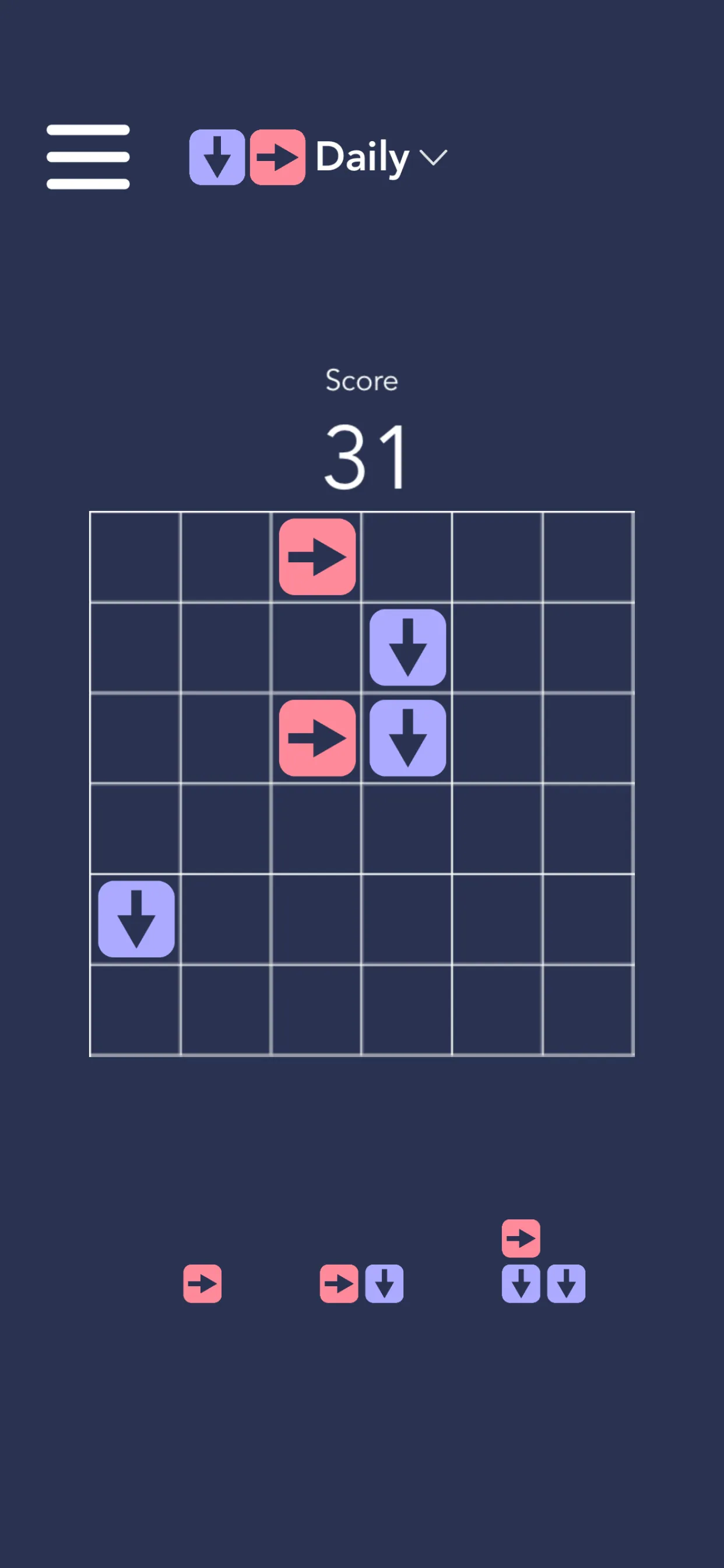 DownRight Daily mode on iPhone: a 6x6 grid with pink right-arrow and purple down-arrow blocks, score 31, three pieces waiting below