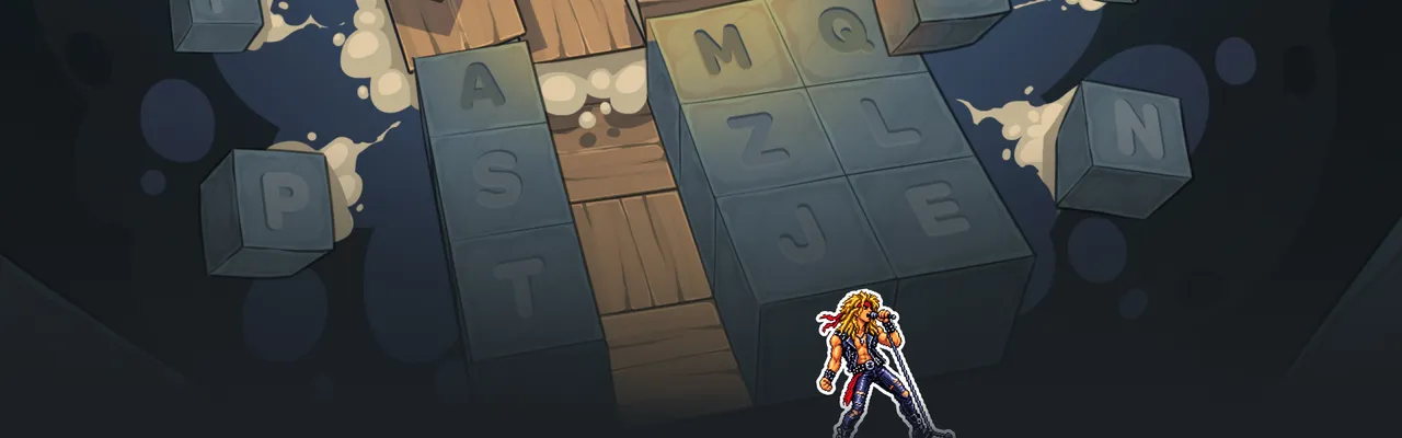 Downwords art: stone letter blocks and a wooden path leading down, with a rock singer character