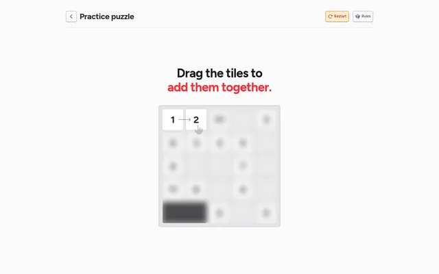 A Dozenal practice board: a grid of number tiles with a hint showing a 1 dragged onto a 2 to add them together