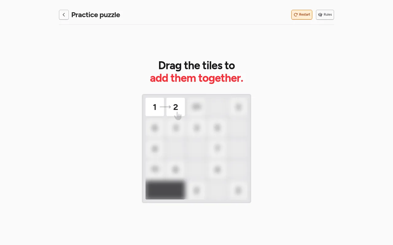 A Dozenal practice board: a grid of number tiles with a hint showing a 1 dragged onto a 2 to add them together