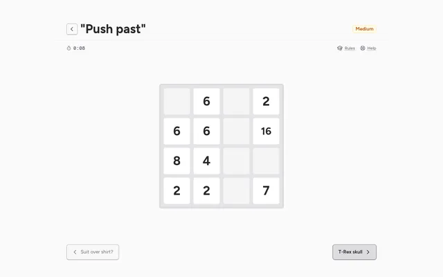 Today's Medium Dozenal board, Push past: a 4x4 grid of number tiles and gaps with a timer above