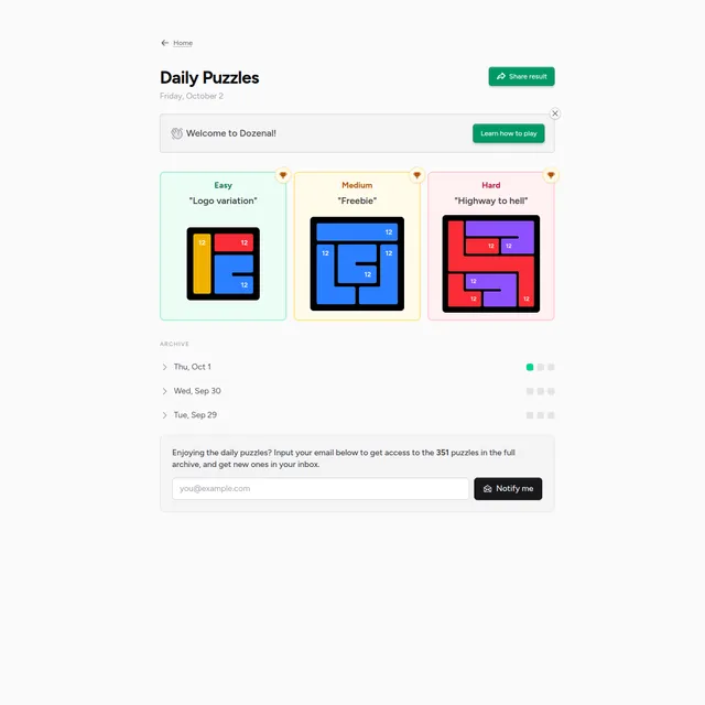 Dozenal Daily Puzzles for Friday, October 2: Easy, Medium and Hard boards split into coloured groups of 12, with an archive list