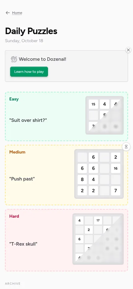 Dozenal's daily page on a phone: the Easy, Medium and Hard puzzles of 18 October with their titles and board previews