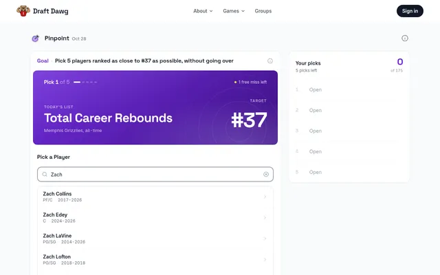 Draft Dawg's Pinpoint board for 28 October 2026: Memphis Grizzlies total career rebounds, target rank 37, with a player search and five open picks