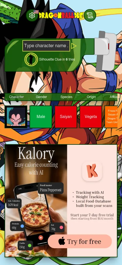 Dragonballdle on a phone: the name box, a silhouette clue in 6 tries and a first row for Vegeta, with the clue columns scrolling sideways above the maker's Kalory app banner