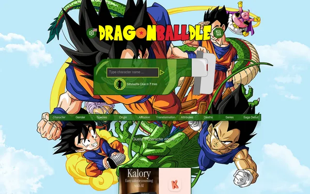 The Dragonballdle home screen: the logo over Dragon Ball art, the character name box, the silhouette clue counter and the ten attribute columns