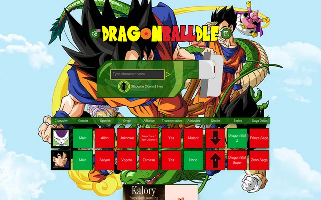Dragonballdle's board after two guesses, Frieza and Goku Black, each row marking gender, species, origin, affiliation, deaths, series and saga debut in green or red