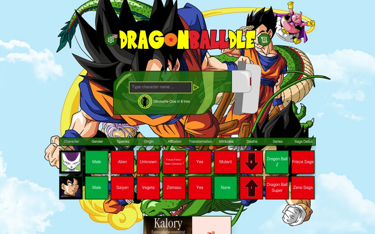Dragonballdle's board after two guesses, Frieza and Goku Black, each row marking gender, species, origin, affiliation, deaths, series and saga debut in green or red