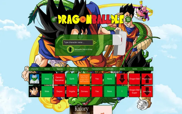 Dragonballdle's board on 25 October 2026 after guesses of Piccolo and Goku Black: green, orange and red squares for gender, species, origin and affiliation, and arrows for deaths and saga debut