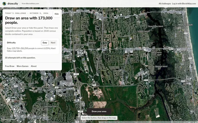 draw.city challenge for October 5, 2026: draw an area with 173,000 people, over a satellite map of a US coastal suburb with a Draw your area button