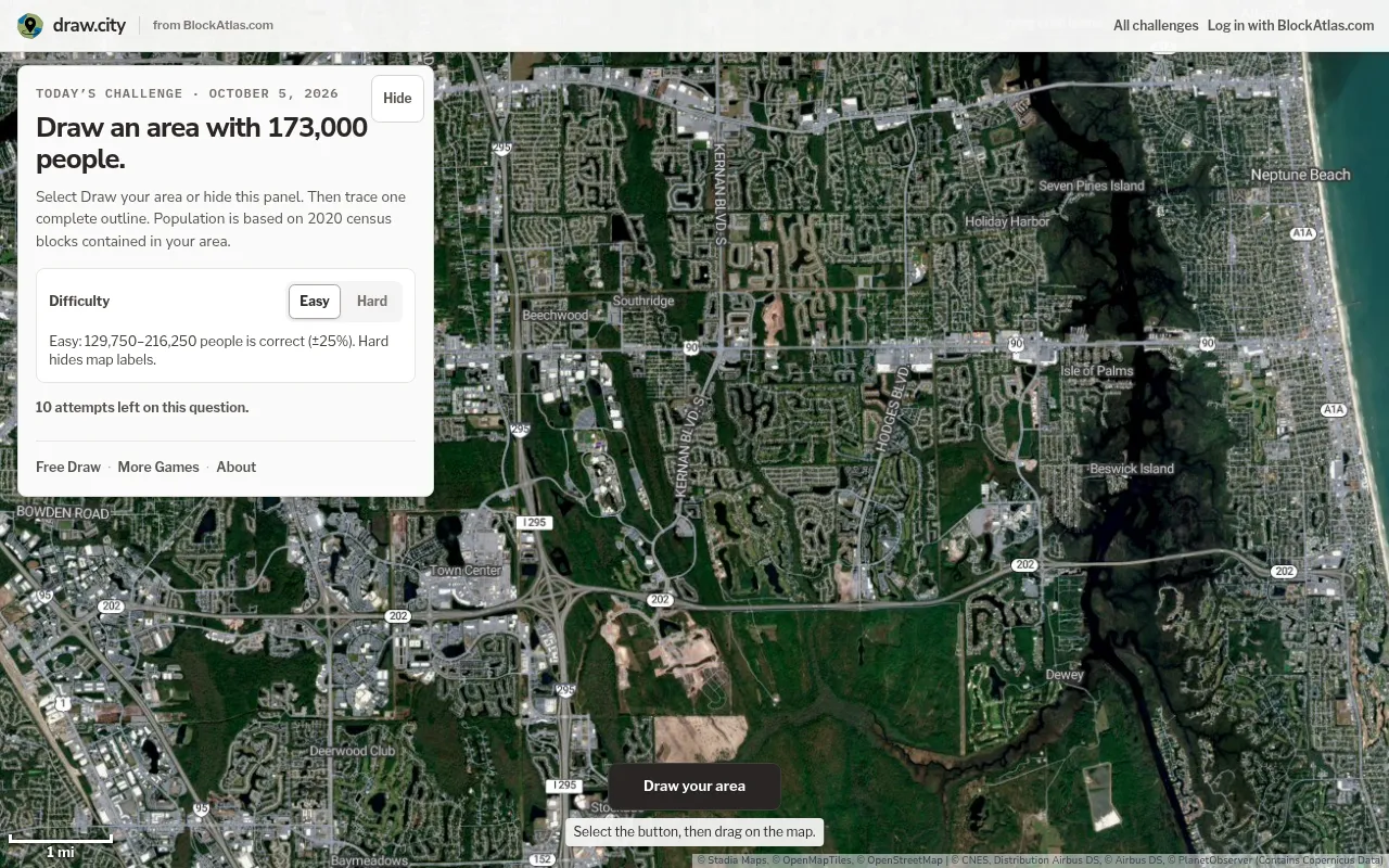 draw.city challenge for October 5, 2026: draw an area with 173,000 people, over a satellite map of a US coastal suburb with a Draw your area button