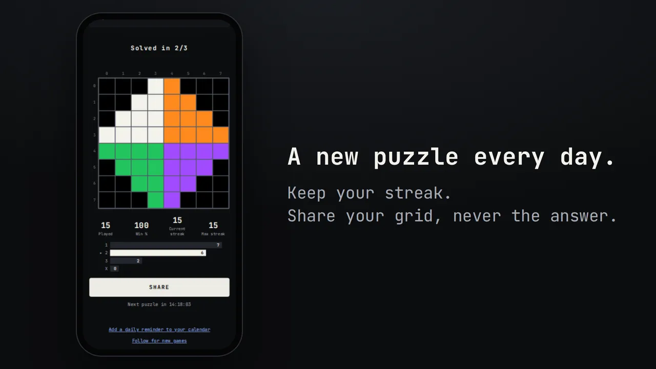 A solved Draw my Code grid with streak stats and a Share button