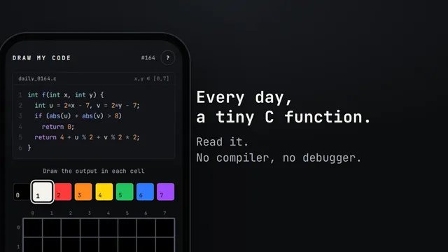 Draw my Code puzzle #164: a C function above an empty 8x8 grid and a palette of eight numbered colours