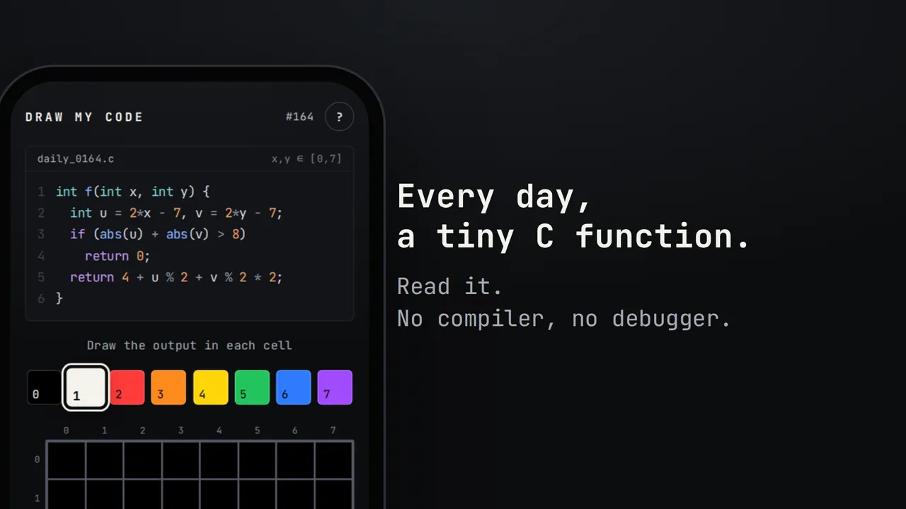 Draw my Code puzzle #164: a C function above an empty 8x8 grid and a palette of eight numbered colours