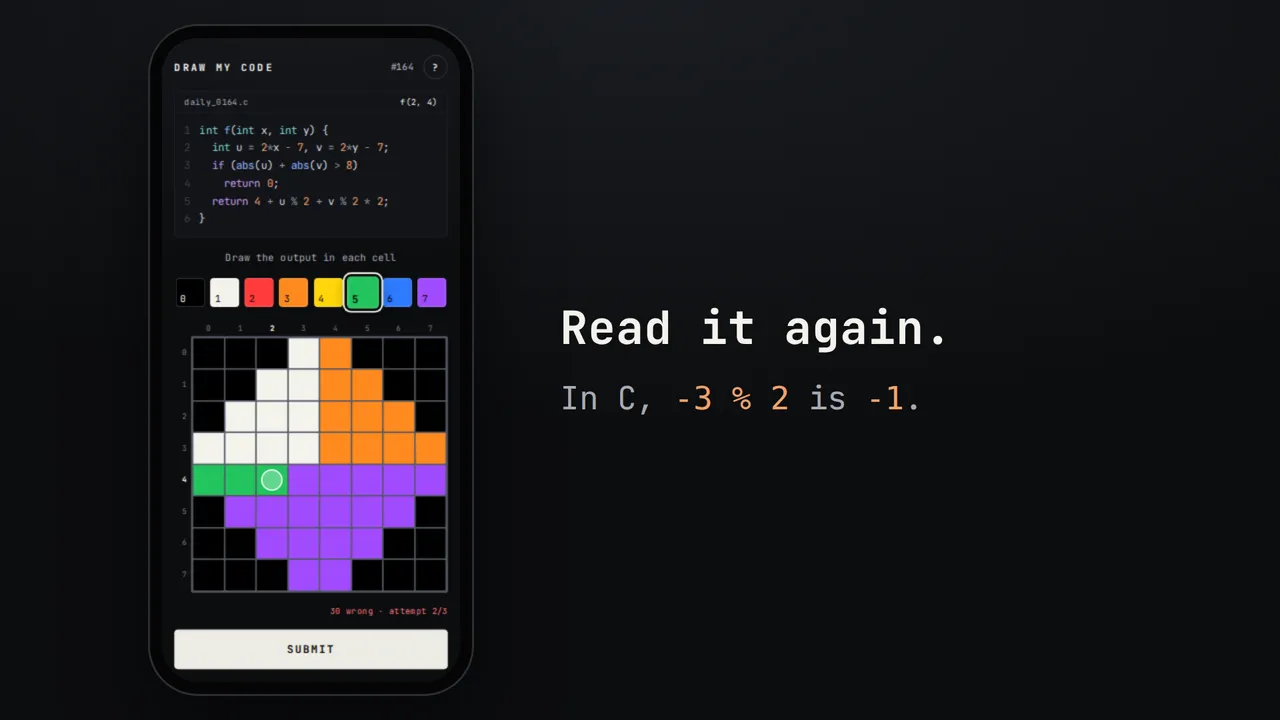 A Draw my Code grid half painted in white, orange, green and purple under the day's function, with one attempt used