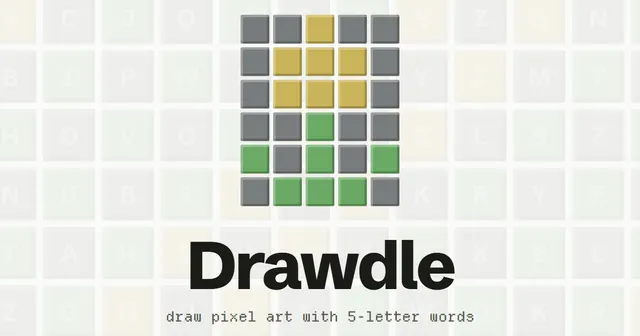 Drawdle share card: a six-row drawing of grey, yellow and green squares above the Drawdle wordmark and the line draw pixel art with 5-letter words