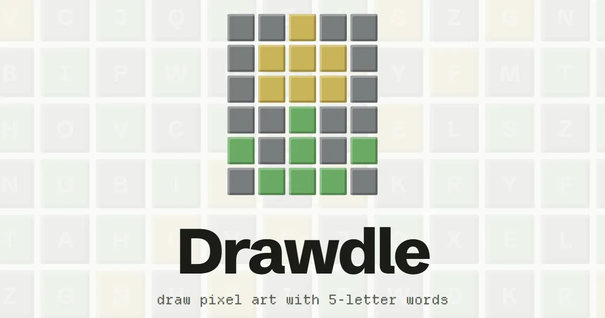 Drawdle share card: a six-row drawing of grey, yellow and green squares above the Drawdle wordmark and the line draw pixel art with 5-letter words