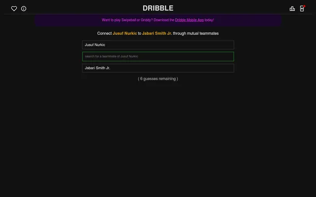 Dribble's daily puzzle for 28 October 2026: connect Jusuf Nurkic to Jabari Smith Jr. through mutual teammates, with a search box for the next teammate and 6 guesses remaining