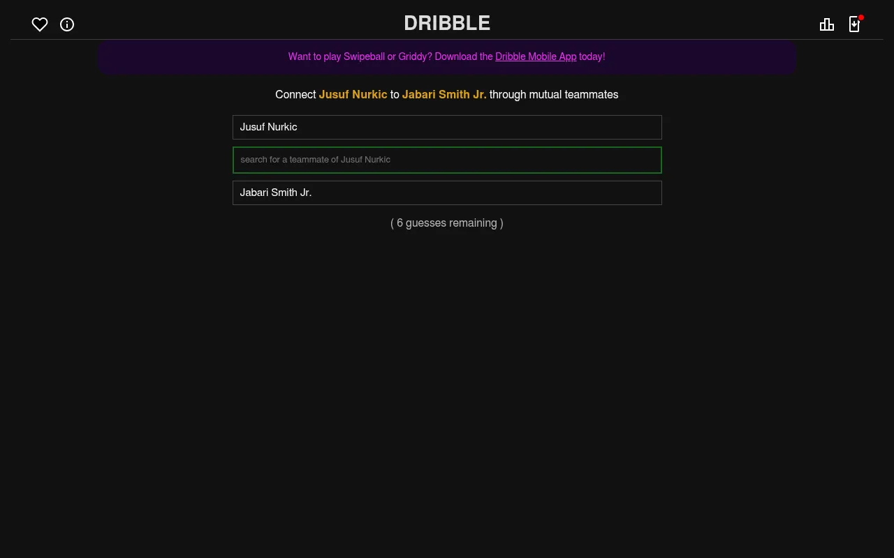 Dribble's daily puzzle for 28 October 2026: connect Jusuf Nurkic to Jabari Smith Jr. through mutual teammates, with a search box for the next teammate and 6 guesses remaining