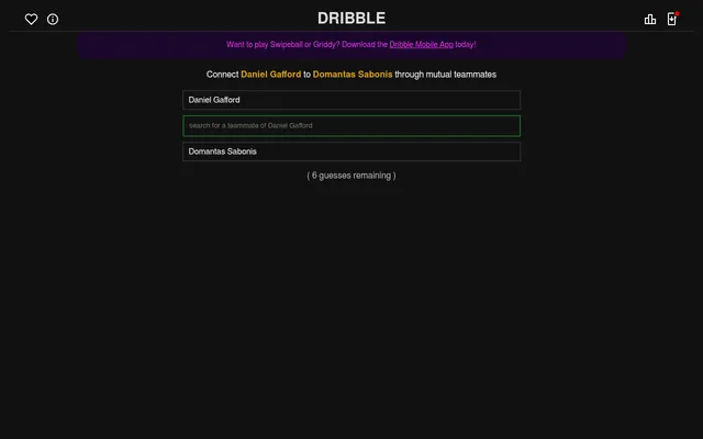 Dribble's daily puzzle: connect Daniel Gafford to Domantas Sabonis through mutual teammates, with a search box for the next teammate and 6 guesses remaining