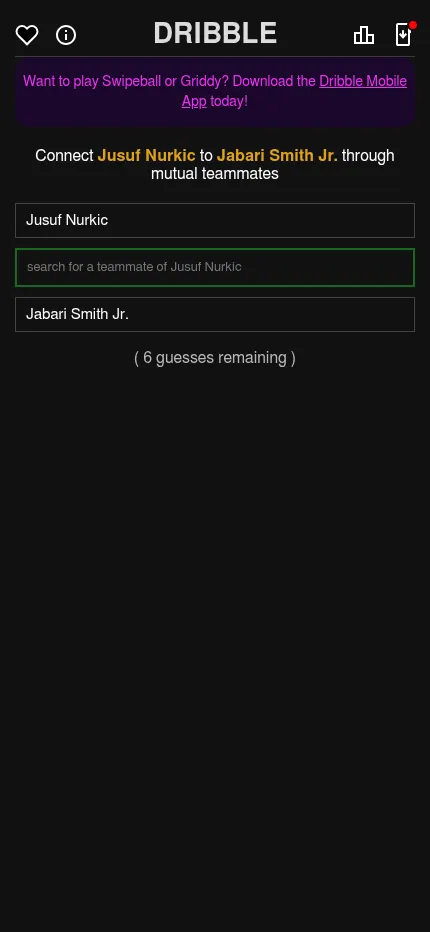 Dribble at phone size: the Jusuf Nurkic to Jabari Smith Jr. puzzle with the teammate search box between the two players