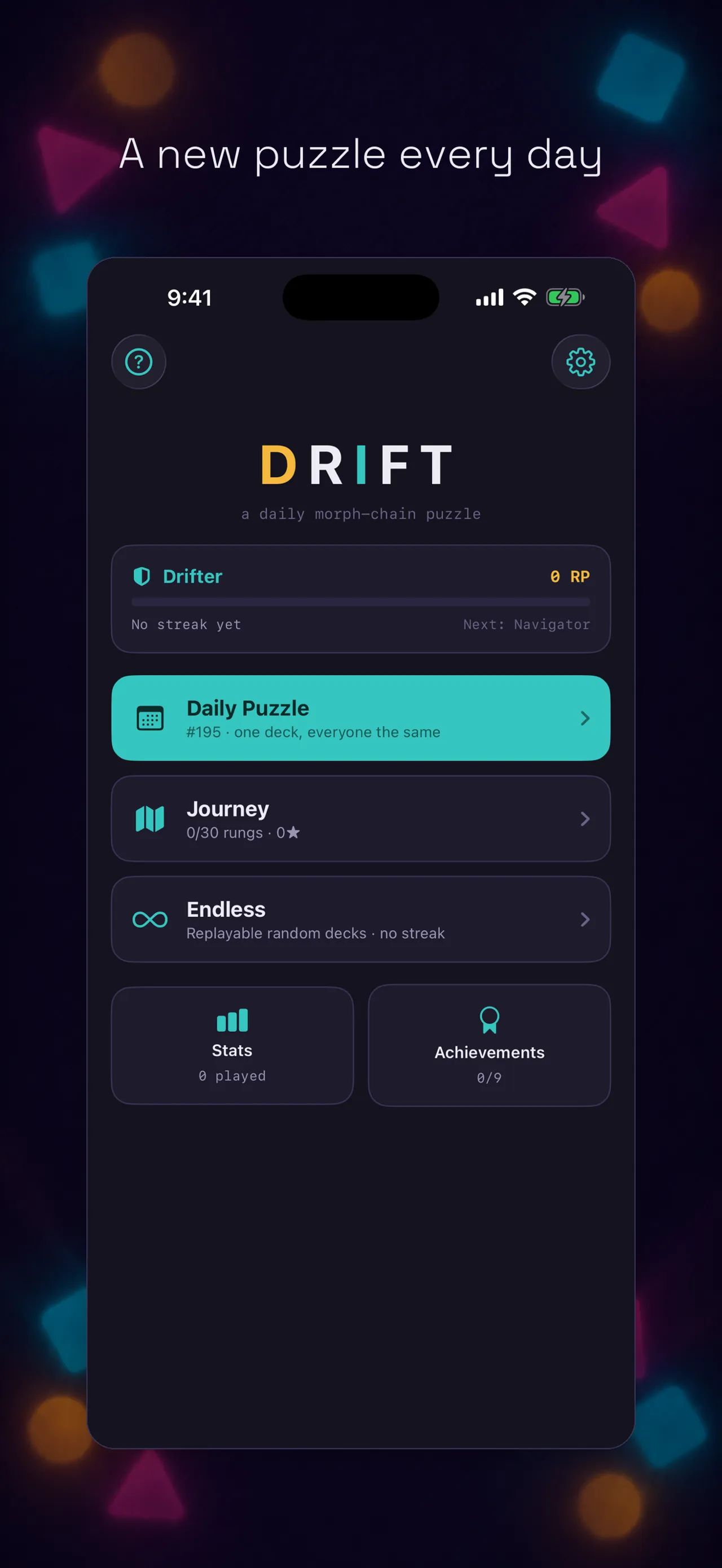 Drift's home screen with Daily Puzzle number 195, one deck everyone the same, plus Journey and Endless modes