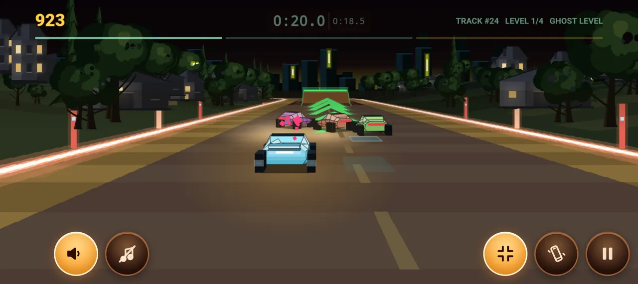Drift Fever on a straight before a green-lit jump ramp, with the three rival cars just ahead of the player