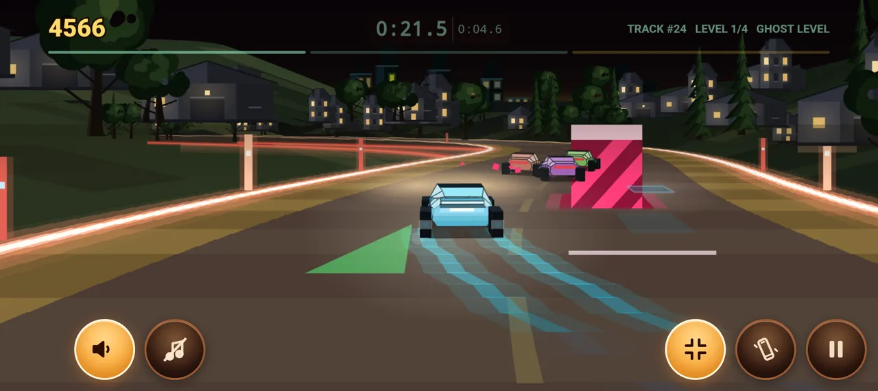 Drift Fever in play on Track #24 with the ghost of a previous run shown, three rival cars ahead and a pink jump ramp beside the road