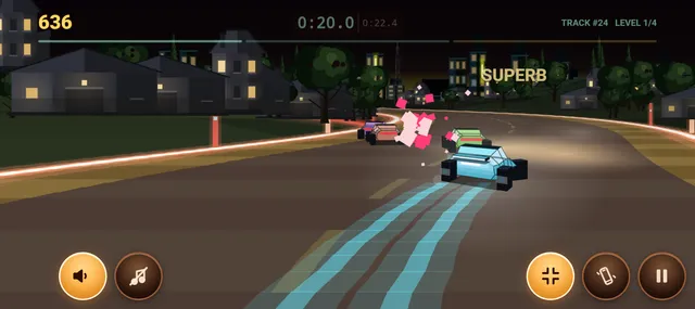 Drift Fever Track #24, level 1 of 4: a light blue car sliding through a night-time corner past rival cars, with a SUPERB drift message and the score in the corner