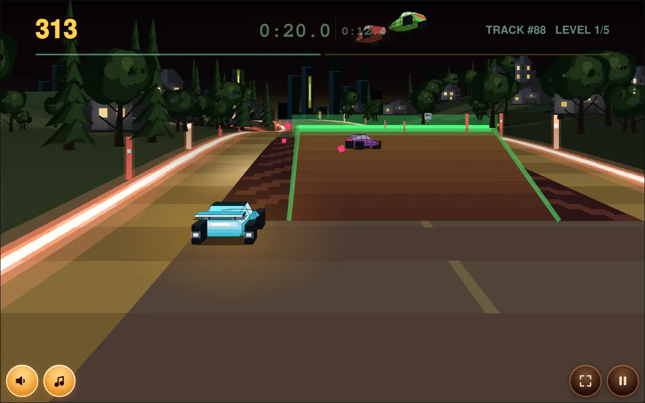 Drift Fever Track #88 of 28 October 2026, level 1 of 5: the blue car on a night road heading for a green gate, with three rival cars ahead and the score and clock above