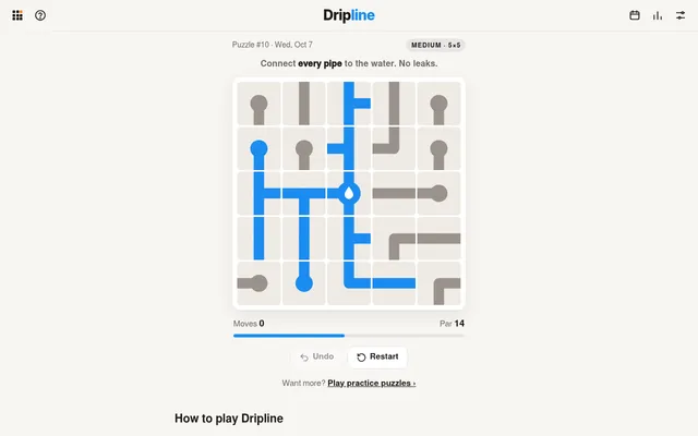Dripline puzzle #10 for Wed, Oct 7: a 5x5 board of pipe pieces, blue where water from the central drop reaches and grey elsewhere, with Moves 0 and Par 14
