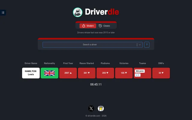 Driverdle in Modern mode after one guess: a row for Lewis Hamilton with a green nationality tile and red stat tiles with arrows, above the countdown to the next driver