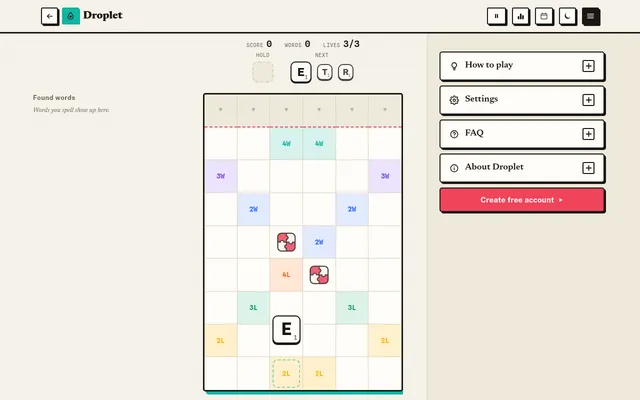 Droplet on Greatest Games: an empty six-column board with letter and word bonus squares, a falling E tile, T and R next in line, score 0 and three lives