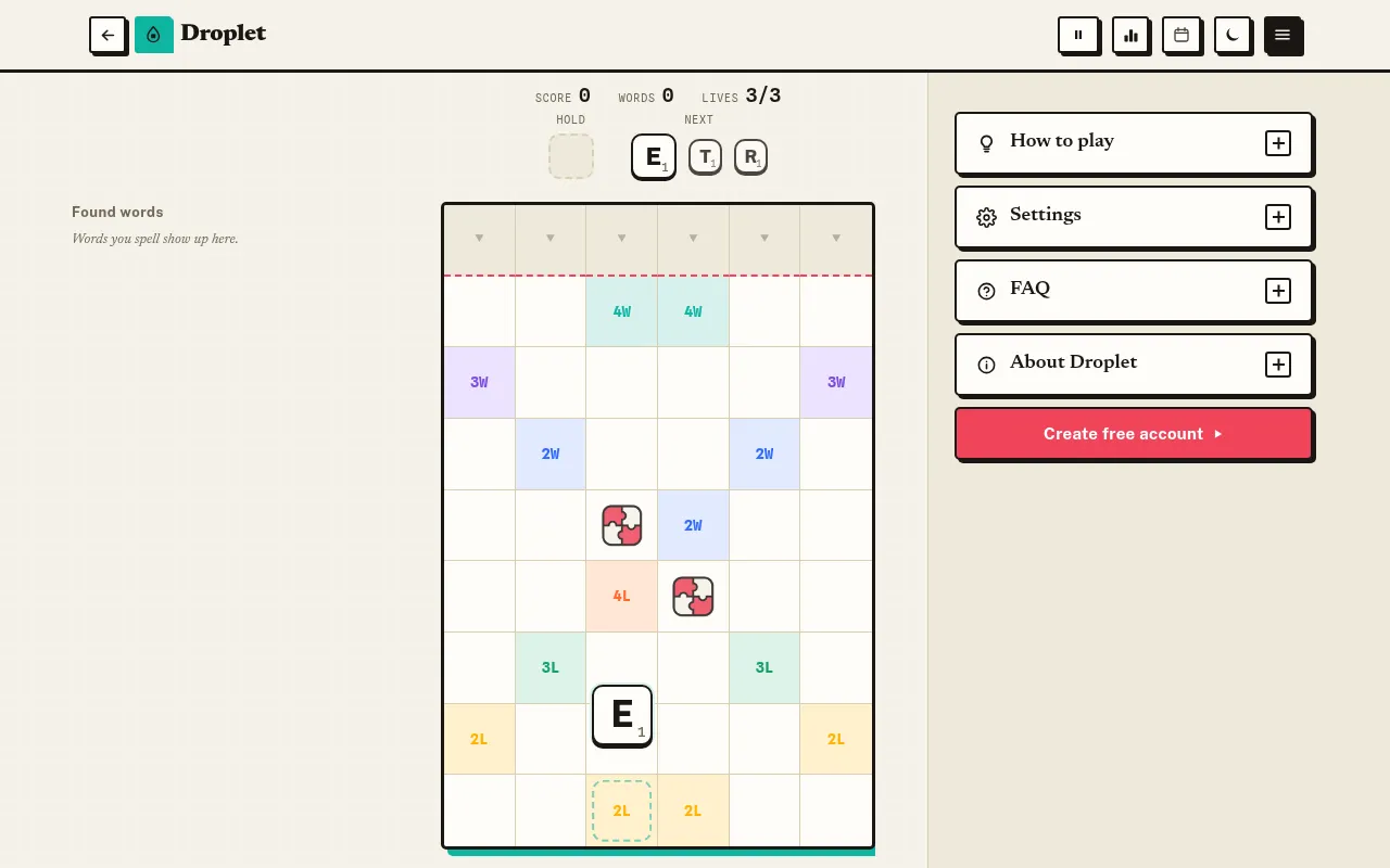 Droplet on Greatest Games: an empty six-column board with letter and word bonus squares, a falling E tile, T and R next in line, score 0 and three lives