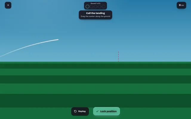 Dropped board on 19 October 2026, round 1 of 5: the ball's launch trail in a blue sky over a striped field, a dashed marker on the ground, and Replay and Lock position buttons