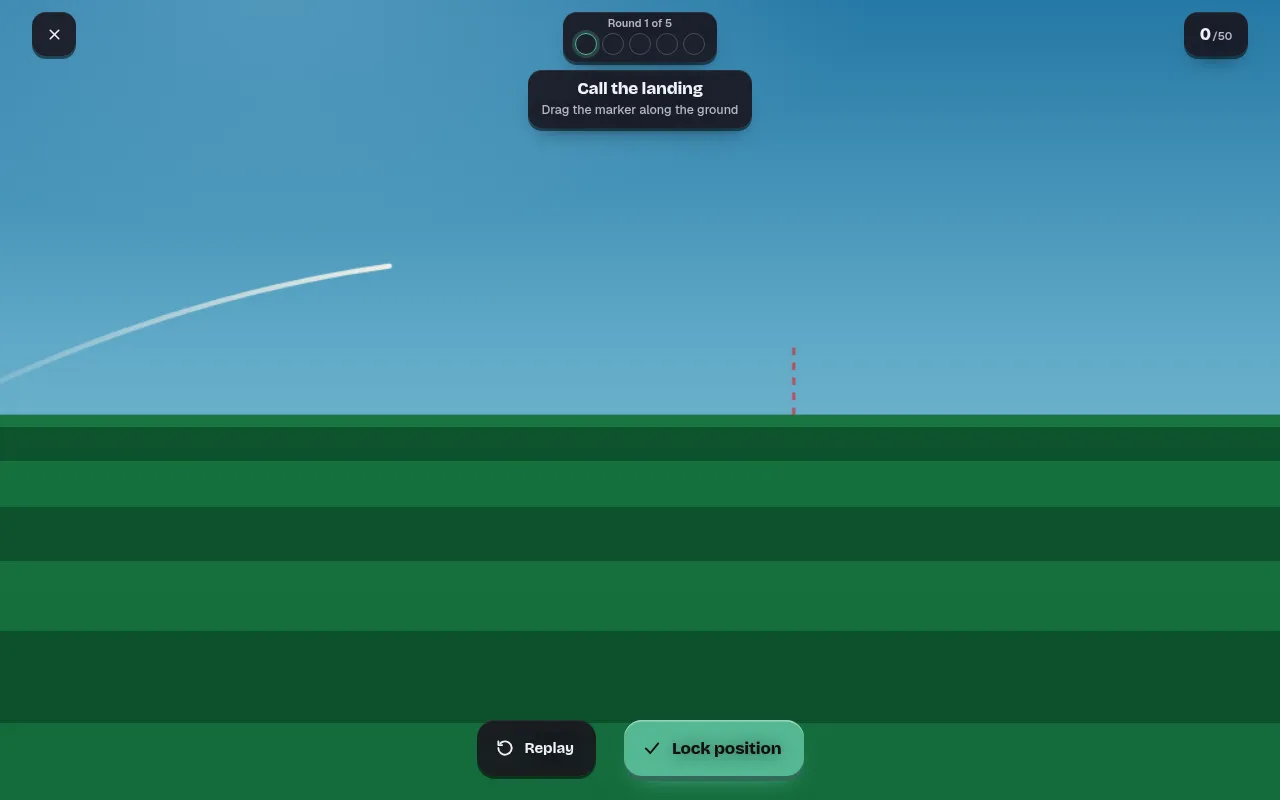 Dropped board on 19 October 2026, round 1 of 5: the ball's launch trail in a blue sky over a striped field, a dashed marker on the ground, and Replay and Lock position buttons