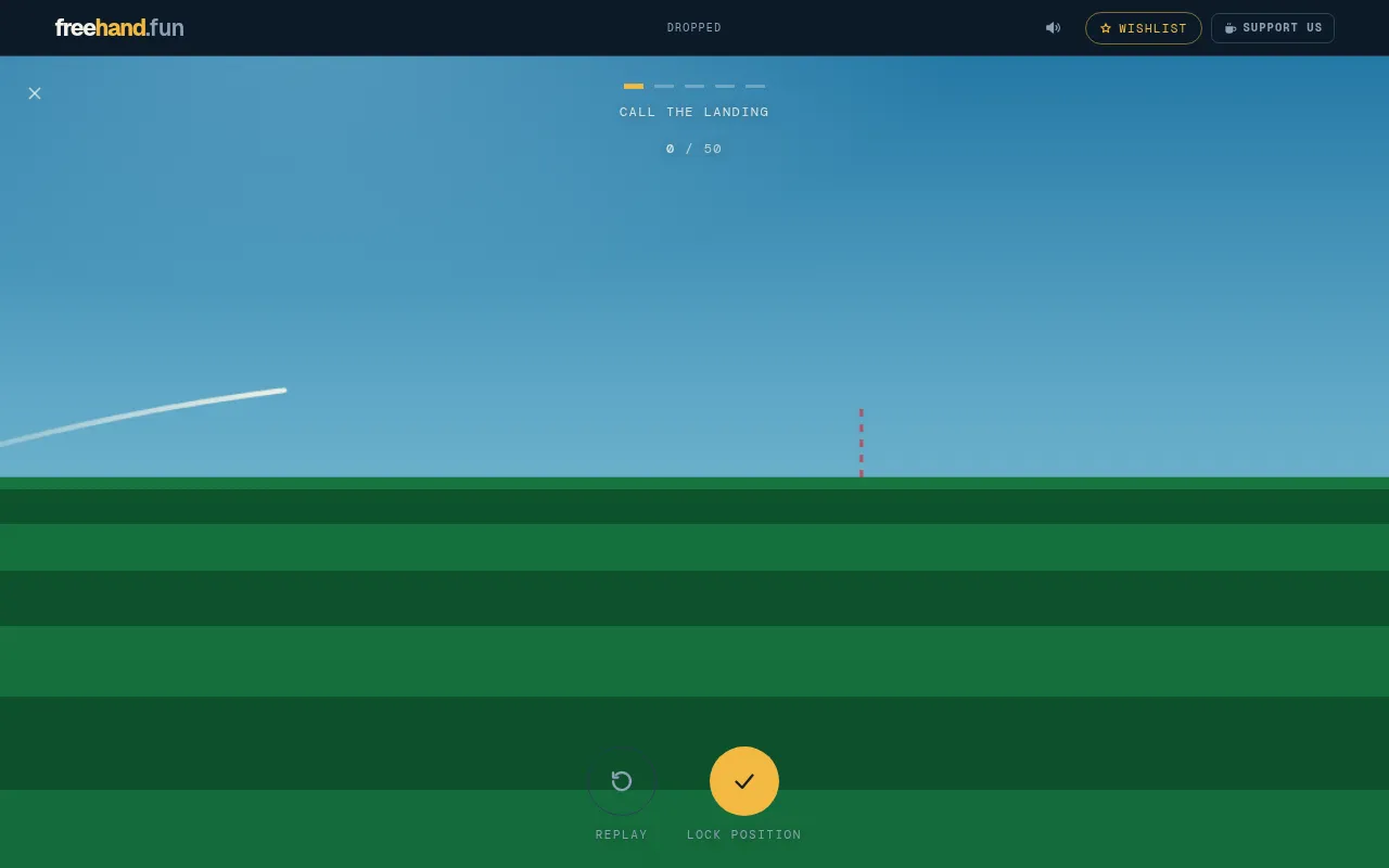 An earlier look of Dropped, shot 1 of 5: the ball's launch trail over a striped green field, a dashed landing marker, and Replay and Lock position buttons