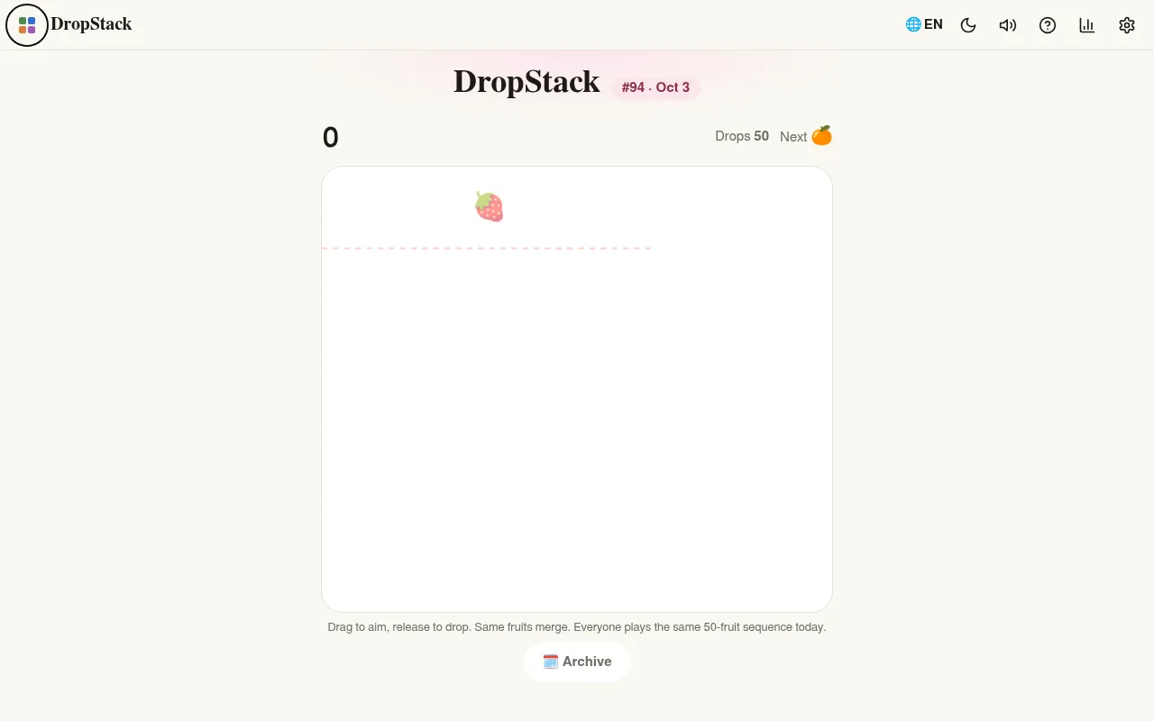 DropStack #94 on Zalize for October 3: an empty container with a strawberry ready to drop, 50 drops left and an orange shown as the next fruit