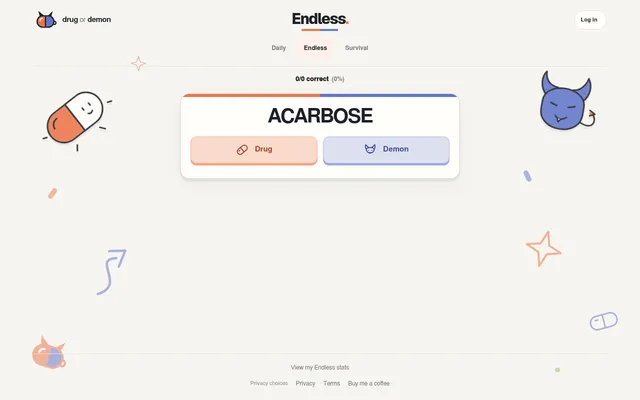 The Drug or Demon board in Endless mode on drugordemon.net: the name ACARBOSE on a card with Drug and Demon buttons, 0/0 correct above