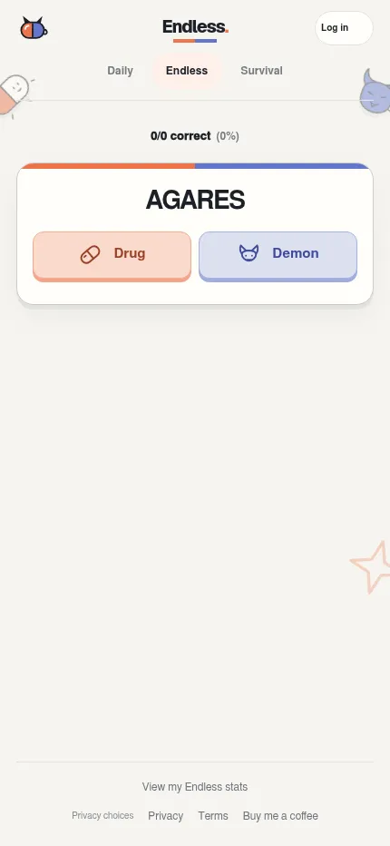 Drug or Demon at phone size: the name AGARES on a card with Drug and Demon buttons, with the Daily, Endless and Survival tabs above